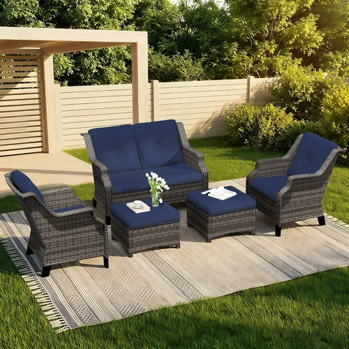 Vista 63 de Sofá de mimbre para patio al aire libre, sofá de 3 plazas, sofá de ratán con asiento profundo y cojines de olefina, respaldo alto, todo tipo de Beige