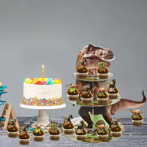 Vista 5 de ZOIIWA Soporte de cupcakes con temática de dinosaurio para decoración de fiesta de cumpleaños de dinosaurio, 24 decoraciones de cupcakes, 3 niveles