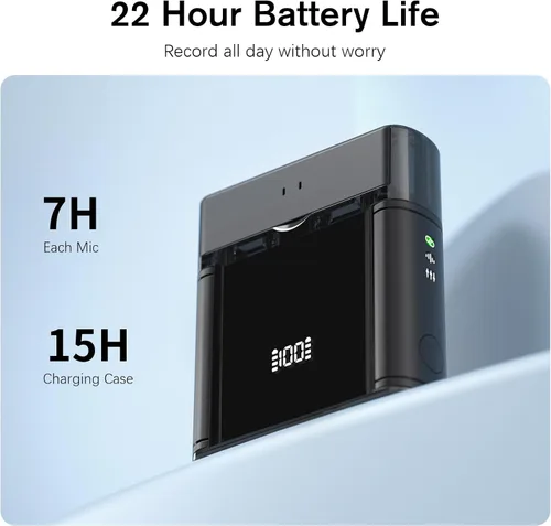 Vista 5 de Rythflo Micrófono Lavalier inalámbrico para iPhone/Android/iPad (2 TX + 2 RX + estuche de carga), mini micrófono con reducción de ruido, batería