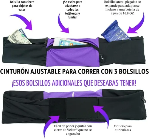 Vista 4 de Riñonera ajustable de 3 bolsillos para correr, riñonera para entrenar con respaldo resistente al sudor, soporta todos los modelos de iPhone