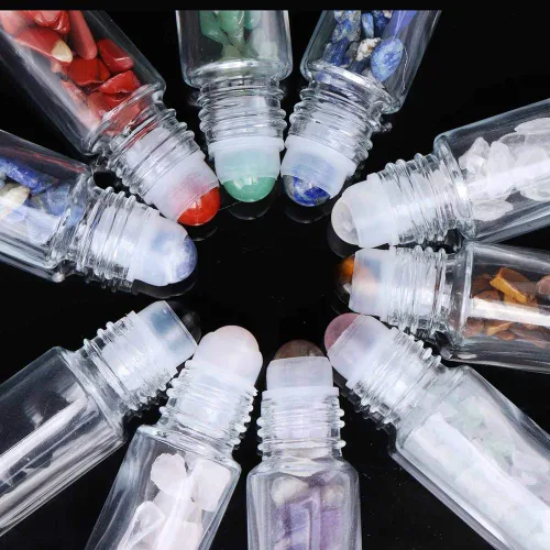 Vista 3 de Botellas enrollables de vidrio transparente, paquete de 10 bolas enrollables de 0.33 onzas líquidas de piedras preciosas para aceites esenciales