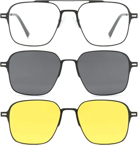 Vista 2 de 3 lentes de sol magnéticos con clip para hombres y mujeres, polarizados, protección UV, retro, cuadrados, para conducir por la noche