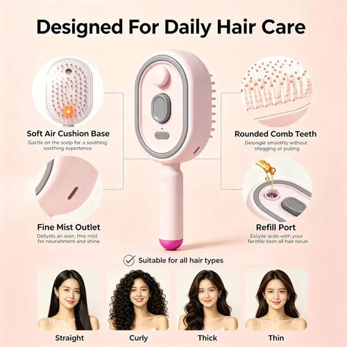 Vista 2 de Electric Steam Brush, Rechargeable Detangling Straightener (Pink)