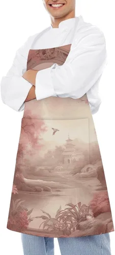 Vista 4 de MUSM Apron for Adults - 27.6 X 31.5 Inch, Heavy-Duty Polyester Aprons with Two Large Pockets, Waterproof Retro Peach Flowers Kitchen Apron for