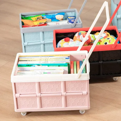 Vista 2 de Cabilock Caja de almacenamiento plegable con tapa, caja de ropa con tapa, carrito de compras, playa, camping, jardín, carrito de compras con rueda