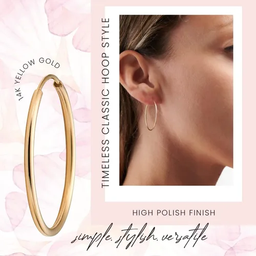 Vista 3 de MAZZERI Aretes de aro de oro macizo de 14 quilates para mujer, hipoalergénicos, 0.04 pulgadas de grosor, cierre redondo sin fin, oro amarillo