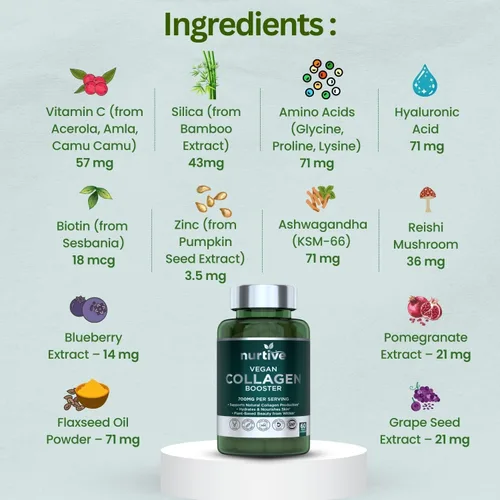 Vista 3 de Potenciador de colágeno a base de plantas, soporte vegano con vitamina C, aminoácidos y ácidos hialurónicos, 700 mg/porción, sin OMG, sin gluten