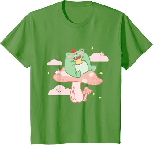 Vista 48 de Kawaii Strawberry Frog On Mushroom - Camiseta de manga corta de anime, Azul / Patchwork, S Azul Pastel