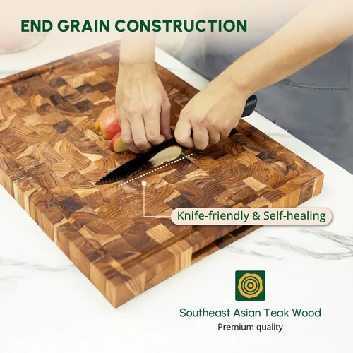 Vista 3 de Tabla de cortar de madera de teca de grano final (M, 18x14x1.5"), tablas de cortar de madera para cocina con ranura para jugo y agarre manual, tabla