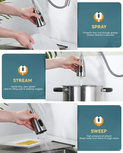 Vista 4 de WOWOW Grifo de cocina con rociador, grifo de fregadero de cocina, acero inoxidable SUS 304, grifo de cocina de níquel cepillado de arco alto