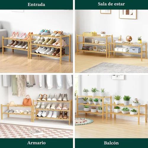 Vista 7 de Smiry Zapatero de bambú para armario, organizador de zapatos apilable de 3 niveles, estante de almacenamiento de zapatos independiente para entrada