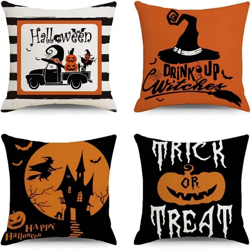 Vista 10 de MOJUN Juego de 4 fundas de almohada de Halloween de 18 x 18 pulgadas, fundas de almohada decorativas para sofá, sillón, casa rural, fiesta de Fundas