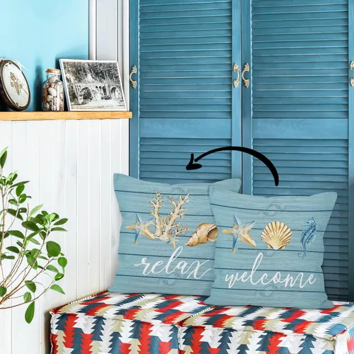 Vista 4 de HIWX Fundas de almohada costeras, fundas de almohada costeras, fundas de almohada decorativas de playa náutica, almohadas náuticas, decoración Blue1