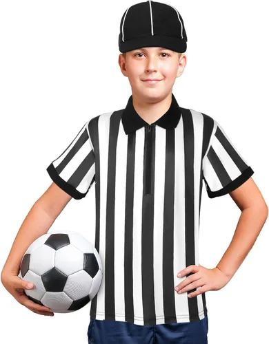 Vista 8 de Conjunto de disfraz de árbitro de Halloween para niños, camiseta de árbitro de rayas blancas y negras, camisa de árbitro con cuello volcado, silbato