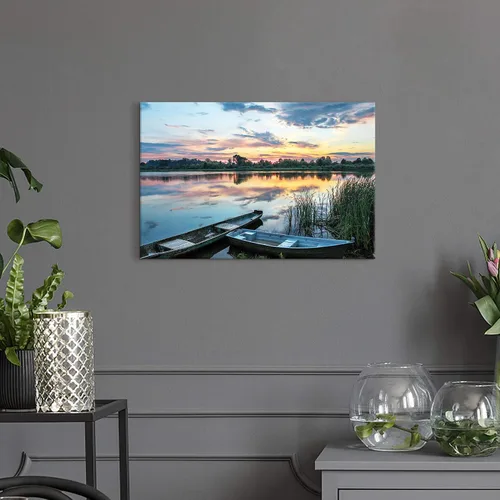 Vista 5 de Arte de Pared en Lienzo de Paisaje de Lago: Pintura Moderna Relajante del Horizonte al Atardecer, Impresión Simple y Natural de Barco y Juncos