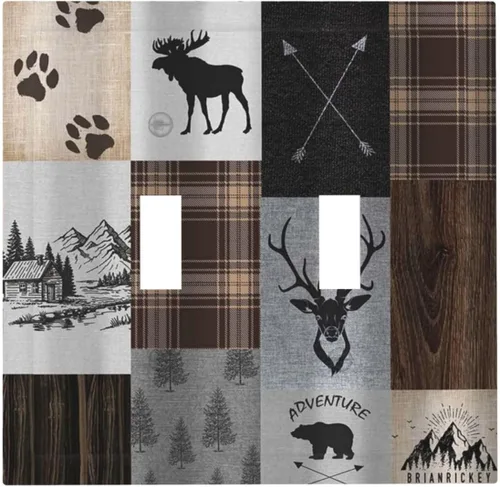 Vista 125 de Cubiertas de pared de lodge rústico retro con diseño de osos, ciervos y animales salvajes. Placas de pared dúplex simples para interruptor de luz.