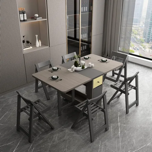 Vista 10 de FUNROLUX Drop Leaf Folding Dining Table with Storage, 2 Drawers, Grey Gris