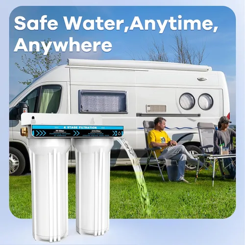 Vista 6 de Sistema de filtro de agua doble para RV, sistema de filtración de agua de 4 capas y 2 etapas, elimina sedimentos, cloro, metales pesados, olores
