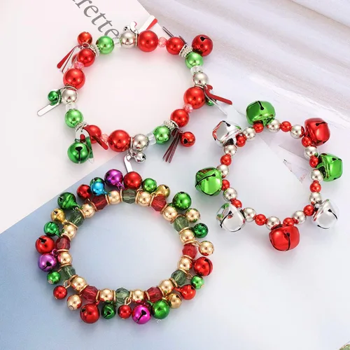Vista 3 de 3pcs Christmas Jingle Bell Bracelets Xmas Multi Color Beaded Charm Stretch Bracelet Christmas Holiday Party Favors for Women Jewelry Gift