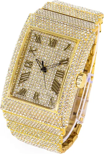 Vista 3 de Reloj rectangular con diamantes para hombre, cristales brillantes, esfera romana brillante, bisel helado, correa totalmente helada