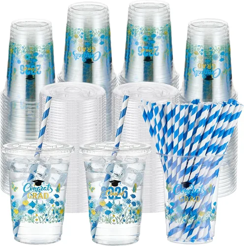 Vista 26 de Sliner 50 juegos de vasos de plástico a cuadros de 16 onzas con tapas y pajitas de papel, vasos desechables transparentes para fiesta de autos