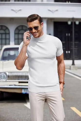 Vista 2 de COOFANDY Suéter de cuello alto falso para hombre, de manga corta, color sólido, básico, ajustado, de punto