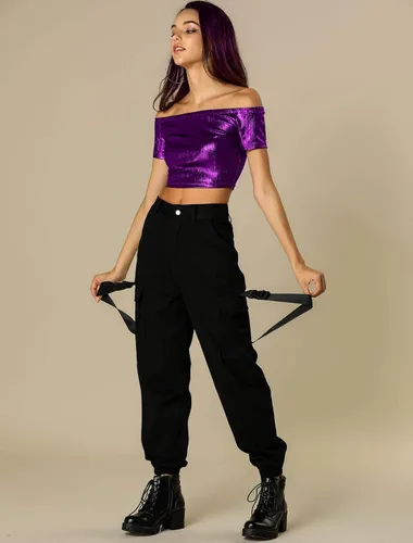 Vista 5 de Allegra K Top corto metálico brillante para mujer, con hombros descubiertos, para fiesta y club