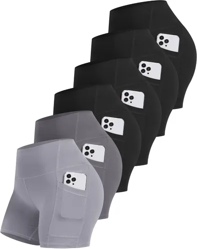 Vista 9 de CHRLEISURE - 6 paquetes de pantalones cortos de mujer estilo biker con bolsillo, pantalones cortos de elastano de control de abdomen de 5 pulgadas