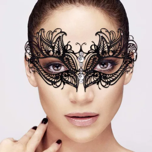 Vista 2 de Máscara de mascarada para mujer, máscara de metal ultraligera con diamantes de imitación de metal brillante veneciano bonito para fiesta, noche