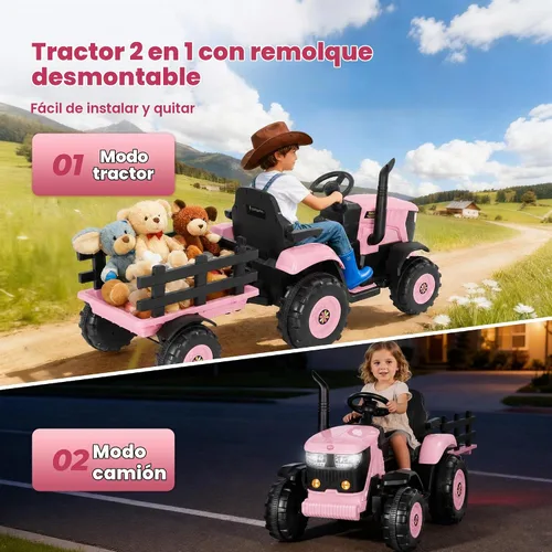 Vista 7 de Tractor de paseo de 24 V para niños, remolque desmontable, rosa