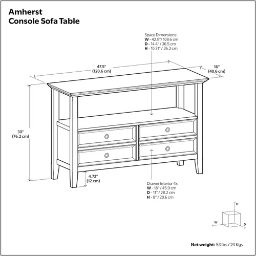 Vista 2 de SIMPLIHOME Amherst - Mesa consola – Mesa de sofá de madera maciza de 48 pulgadas de ancho en color marrón nogal, mesa de almacenamiento