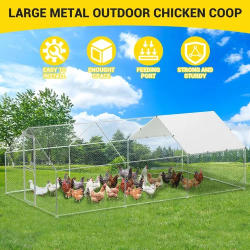 Vista 3 de Gallinero de metal grande para cubierta de techo impermeable y anti-UV, jaula para exteriores, gallinero para patio, granja, 9.8 x 19.7 x 6.6 pies