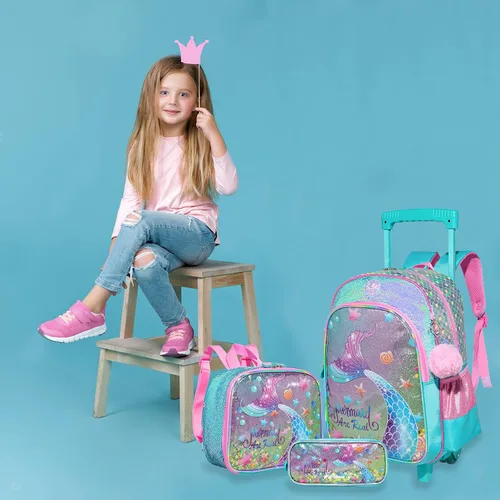 Vista 6 de Egchescebo Mochila de viaje para niños con ruedas transparentes para niñas, Blue-MRY, Mochilas tipo mochila