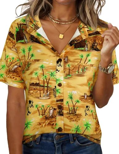Vista 33 de LILYCHIC Camisas hawaianas de verano con botones de coco para mujer, camisas suaves con botones de manga corta A-hoja floral negra