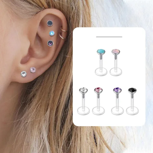 Vista 4 de JFORYOU 16G 24Pcs Anillos de labio transparentes Medusa Piercing Studs Joyería Plana de plástico con respaldo Anillos de labio retenedor de ajuste