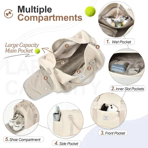 Vista 2 de FIORETTO Bolsa de deporte para mujer con bolsillo para artículos húmedos y compartimento para zapatos, bolsa de lona deportiva durante la noche, fin