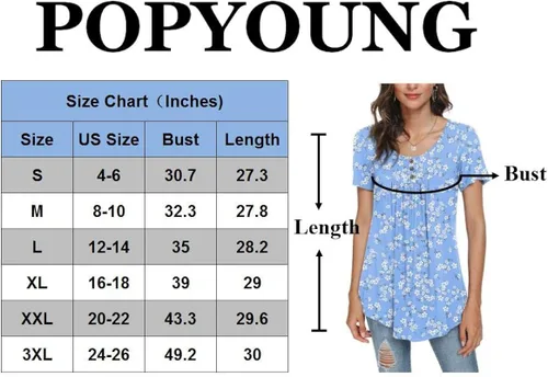Vista 4 de POPYOUNG - Blusa veraniega para mujer, de manga corta, informal y suelta, estilo túnica, con botones y pliegues