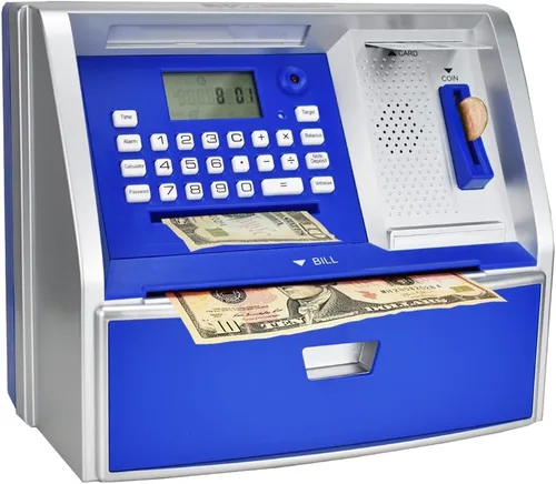 Vista 7 de Banco de ahorros tipo cajero automático con tarjeta de débito, alcancía electrónica para dinero real, reconocimiento de monedas, configuración
