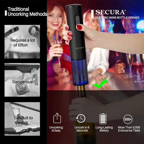 Vista 2 de Secura Abridor de vino eléctrico, sacacorchos eléctrico automático de botellas de vino con cortador de papel de aluminio, recargable (negro)