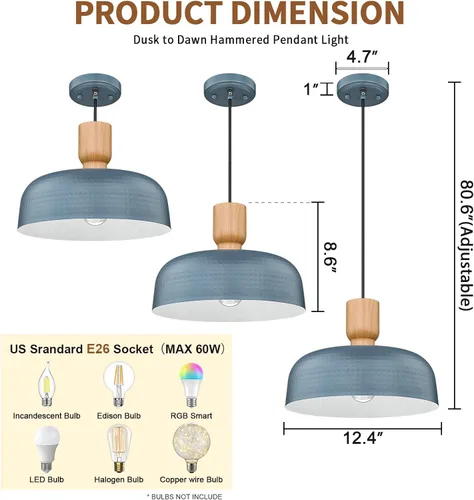 Vista 3 de Darkaway Luminarias Colgantes Industriales del Anochecer al Amanecer para Techo con Pantalla de Metal Martillado, Luz Colgante Azul para Iluminación
