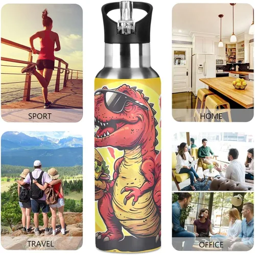 Vista 5 de Stainless Steel Vacuum Insulated Water Bottle 20 Oz, Leakproof Water Bottles for Gym Outdoor Travel School, Red Dinosaur Hamburger Yellow