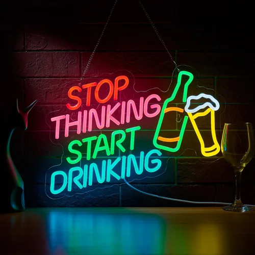 Vista 8 de Letrero de barra con texto en inglés «Why Limit Happy To An Hour Beer Tiki Cian+amarillo