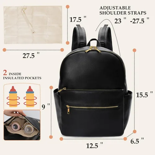 Vista 5 de Omanmoli Mochila para pañales de bebé, bolsa de pañales de cuero, mochila para mamá y papá con 18 bolsas organizadoras, 6 bolsillos aislados, Negro