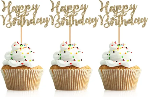 Vista 8 de 48 piezas de decoración para cupcakes de feliz cumpleaños, color negro, con purpurina, suministros de decoración de fiesta de cumpleaños