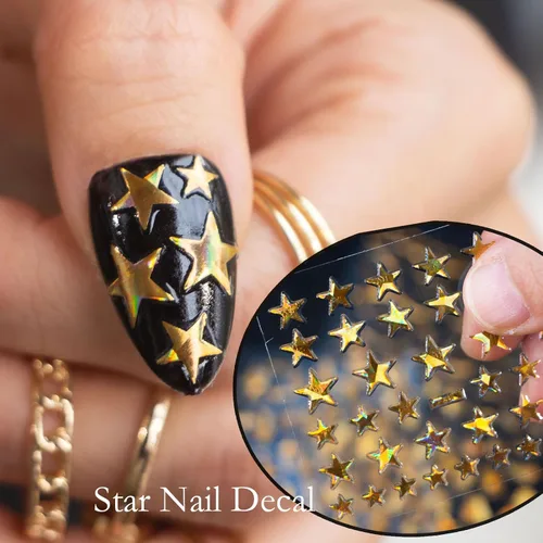 Vista 4 de 30 hojas de calcomanías de arte de uñas doradas, autoadhesivas 3D, calcomanías de diseño de uñas, gotas de agua, línea de flores, estrellas