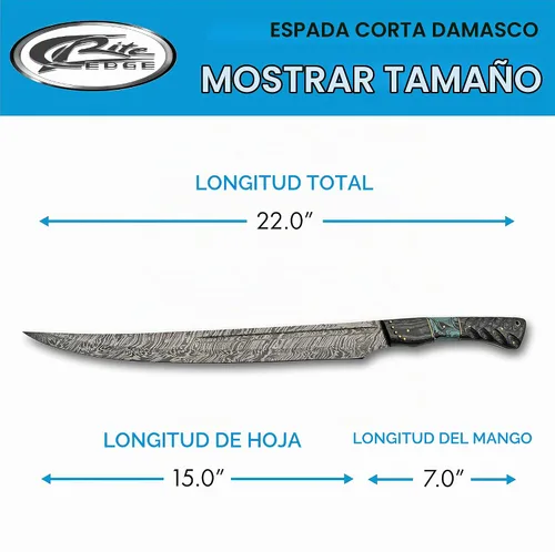 Vista 3 de SZCO Supplies DM-5025 - Espada corta de acero Damasco con mango de resina de madera y turquesa, con funda de cuero, negro/turquesa/marrón, 22