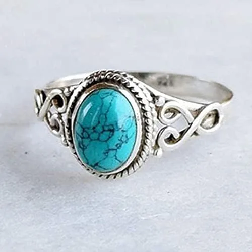 Vista 3 de Turquoise Moonstone Ring Women's 925 Sterling Silver Ring Oval Cut Natural Bohemia Turquoise Jewelry Birthday Proposal Hollow Engagement Party Band