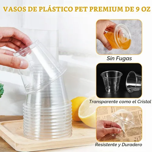 Vista 3 de Vplus Paquete de 200 vasos de plástico PET de 9 onzas con tapas planas, vasos de plástico desechables de cristal para parfait, frutas, postres