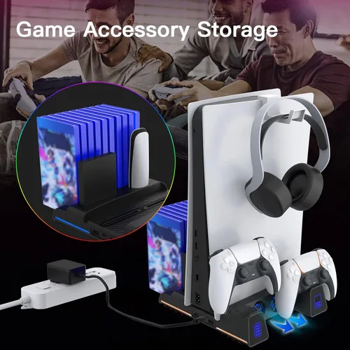 Vista 7 de NexiGo Soporte para PS5 con luz LED RGB, ranura para disco duro, auriculares y soportes remotos, estación de carga de doble controlador para consola