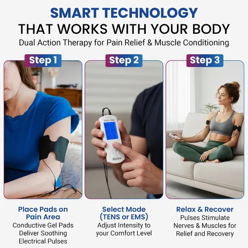 Vista 2 de iReliev Unidad TENS + estimulador muscular EMS con 14 modos de terapia, sistema de alivio del dolor y recuperación premium, recargable, pantalla